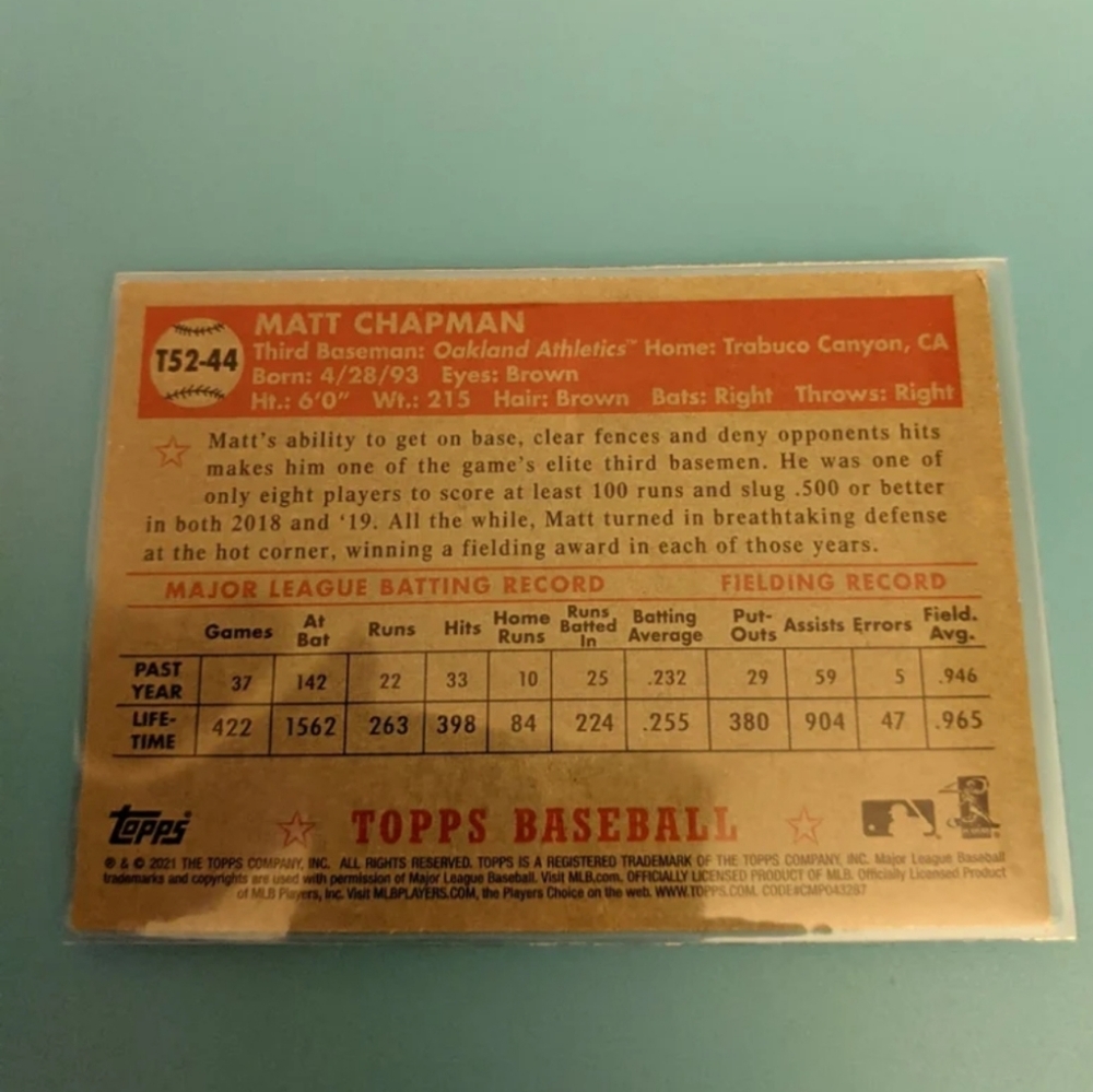 Two! Autographed Matt Chapman cards. 2021 Topps series one, 2022 Panini - Picture 5 of 5